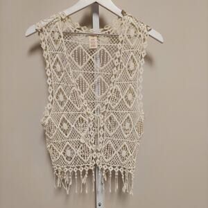 Op Ocean Pacific Boho Crochet Vest Cream Fringe Festival Coastal Cowgirl